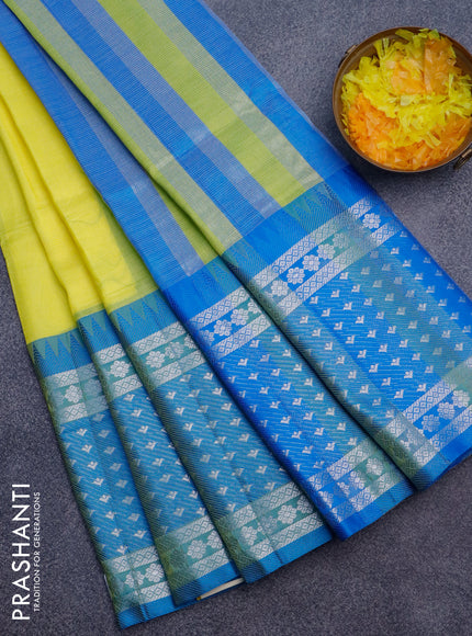 Semi mangalgiri silk saree lime yellow and blue with plain body and long temple design silver zari woven border