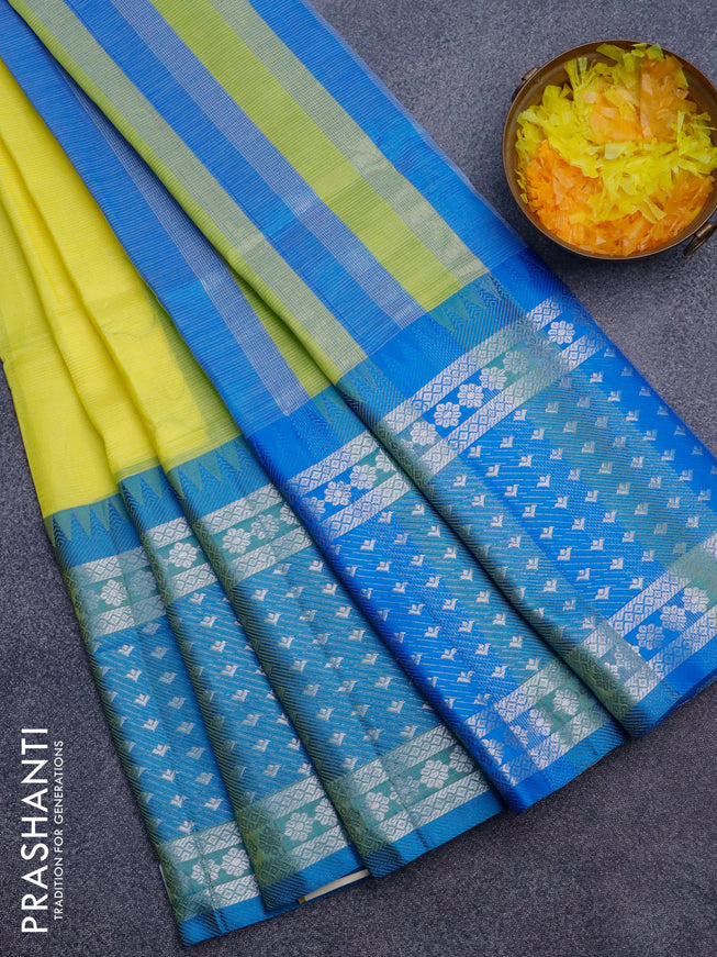 Semi mangalgiri silk saree lime yellow and blue with plain body and long temple design silver zari woven border