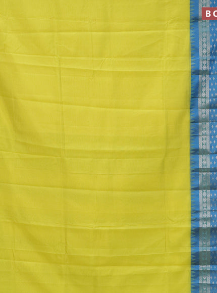 Semi mangalgiri silk saree lime yellow and blue with plain body and long temple design silver zari woven border