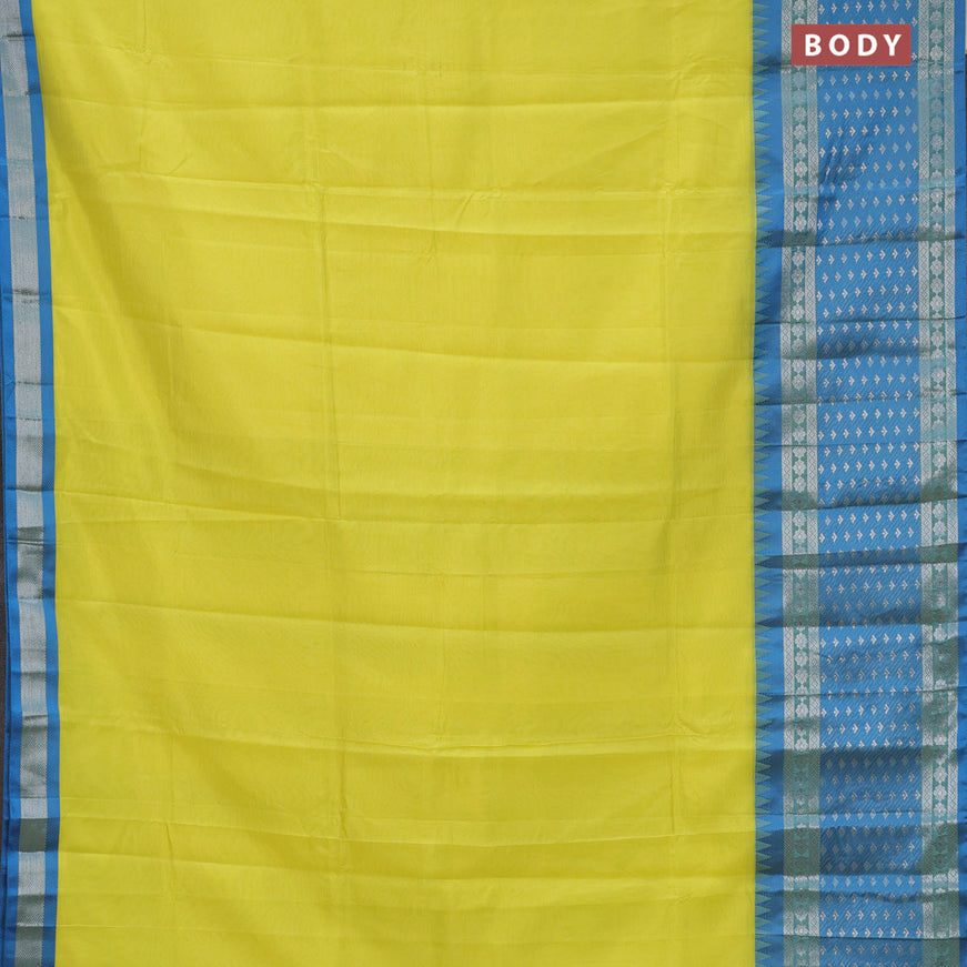 Semi mangalgiri silk saree lime yellow and blue with plain body and long temple design silver zari woven border