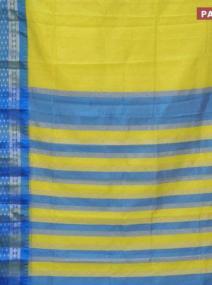 Semi mangalgiri silk saree lime yellow and blue with plain body and long temple design silver zari woven border