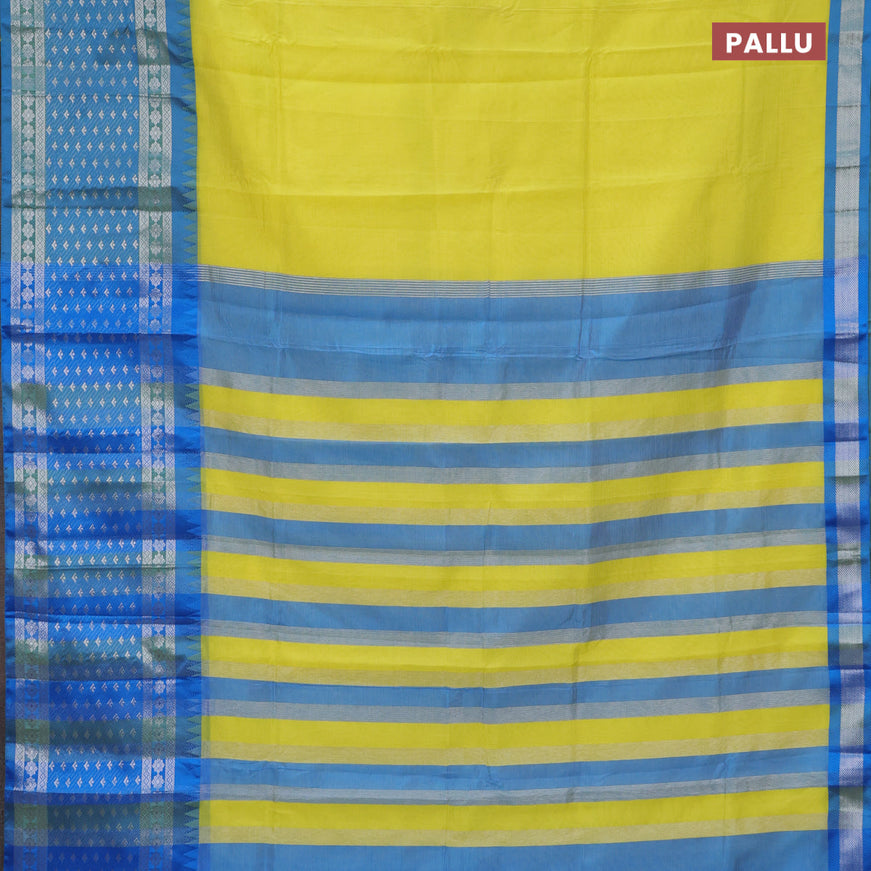 Semi mangalgiri silk saree lime yellow and blue with plain body and long temple design silver zari woven border