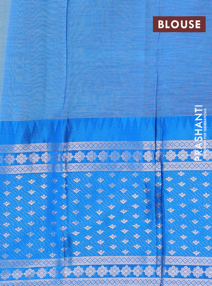 Semi mangalgiri silk saree lime yellow and blue with plain body and long temple design silver zari woven border