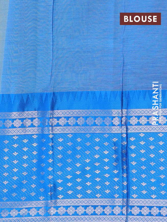 Semi mangalgiri silk saree lime yellow and blue with plain body and long temple design silver zari woven border