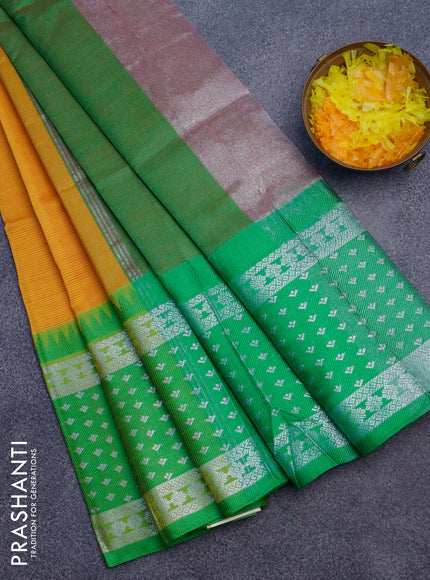 Semi mangalgiri silk saree mango yellow and green with plain body and long temple design silver zari woven border