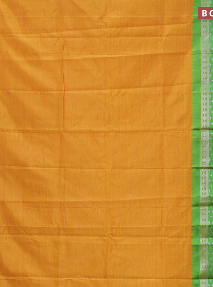 Semi mangalgiri silk saree mango yellow and green with plain body and long temple design silver zari woven border