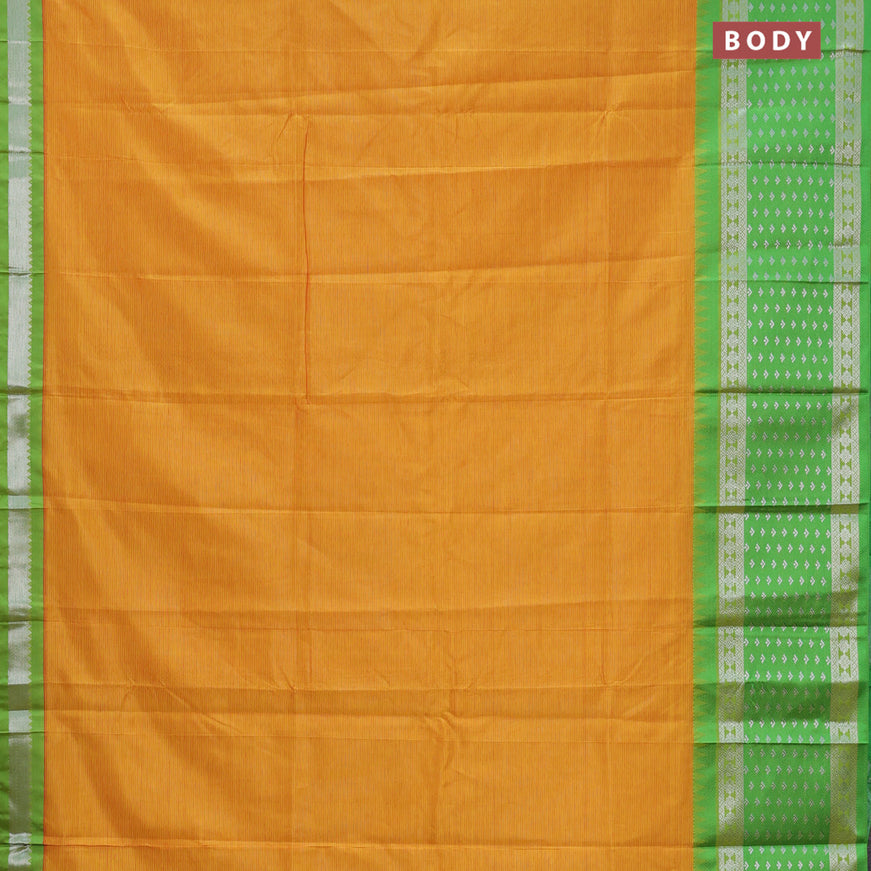 Semi mangalgiri silk saree mango yellow and green with plain body and long temple design silver zari woven border