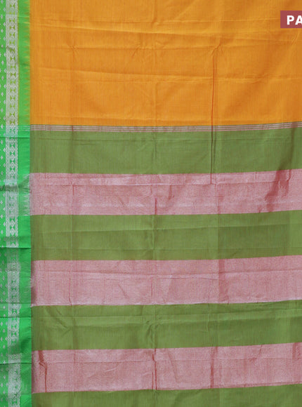 Semi mangalgiri silk saree mango yellow and green with plain body and long temple design silver zari woven border