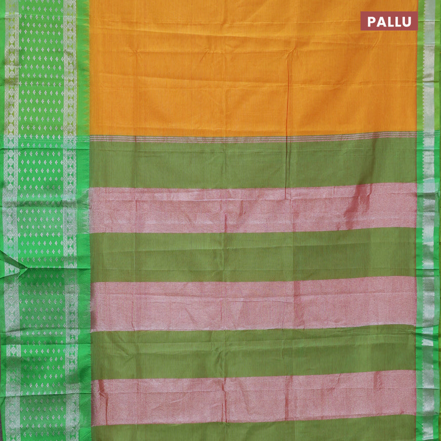 Semi mangalgiri silk saree mango yellow and green with plain body and long temple design silver zari woven border