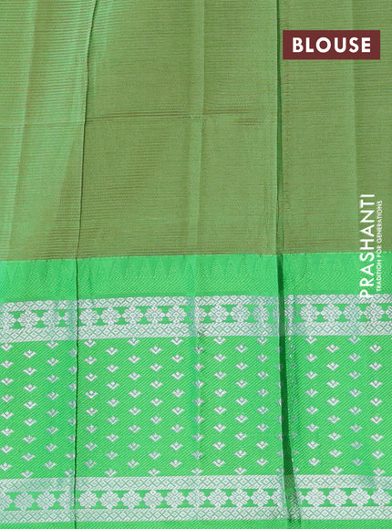 Semi mangalgiri silk saree mango yellow and green with plain body and long temple design silver zari woven border