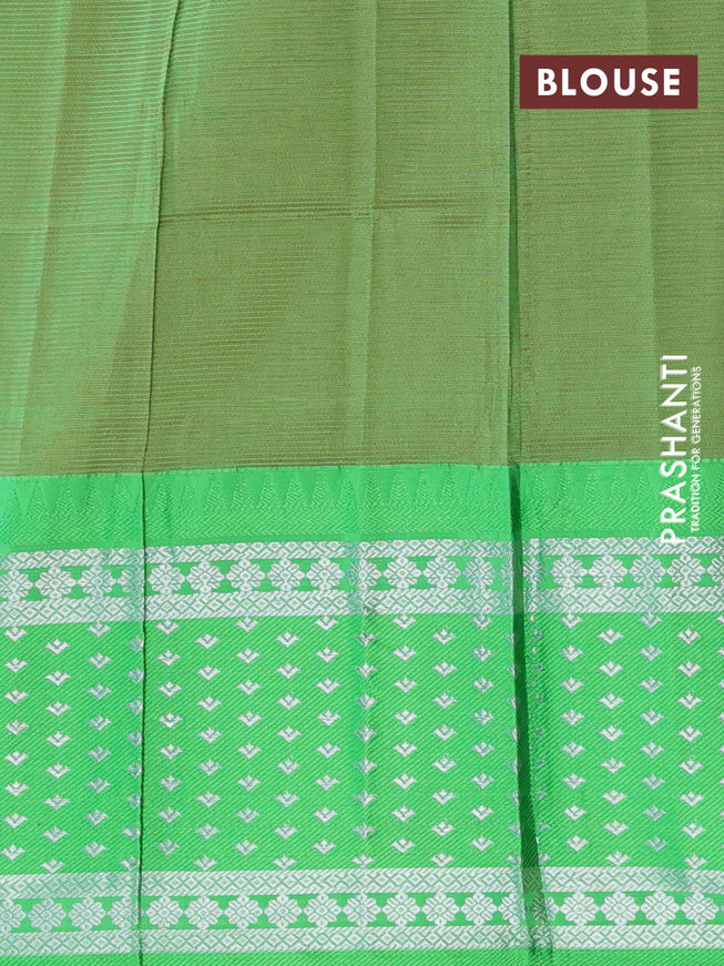 Semi mangalgiri silk saree mango yellow and green with plain body and long temple design silver zari woven border