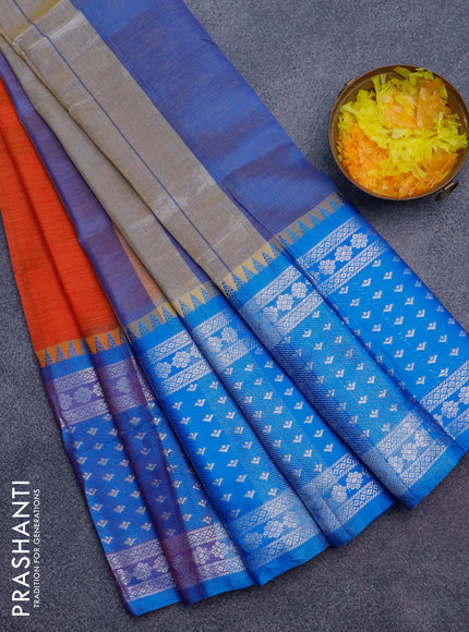 Semi mangalgiri silk saree dual shade of sunset orange and blue with plain body and long temple design silver zari woven border