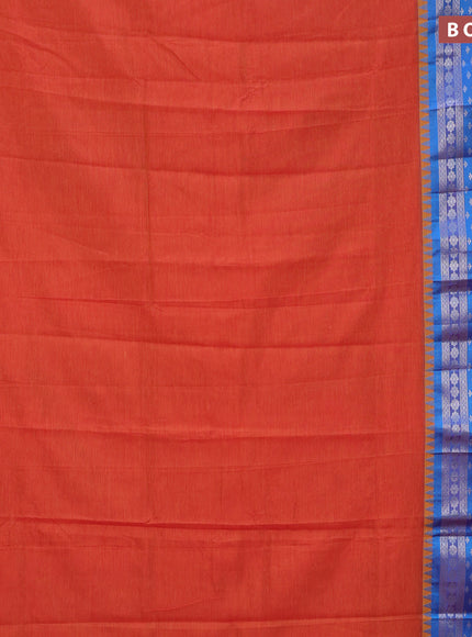 Semi mangalgiri silk saree dual shade of sunset orange and blue with plain body and long temple design silver zari woven border