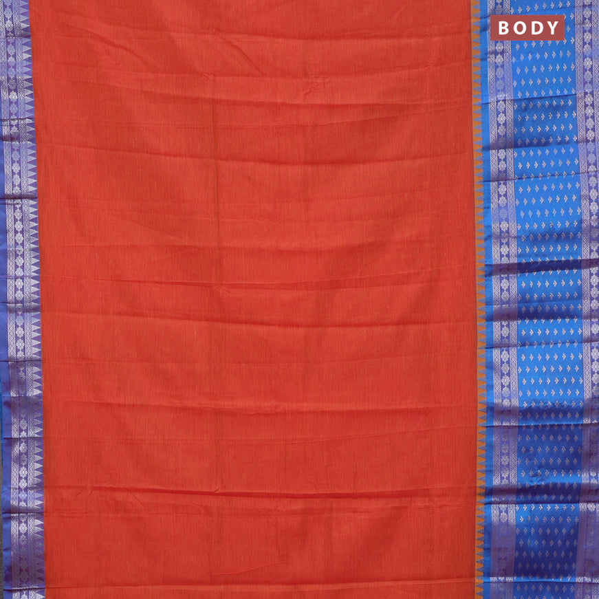 Semi mangalgiri silk saree dual shade of sunset orange and blue with plain body and long temple design silver zari woven border