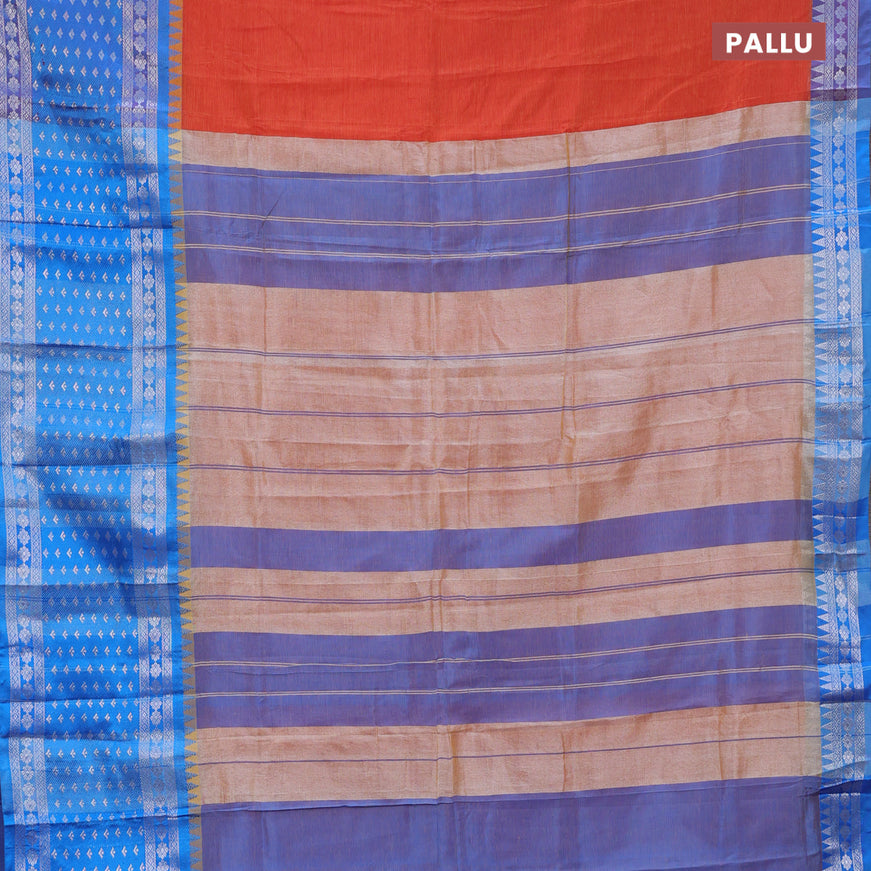 Semi mangalgiri silk saree dual shade of sunset orange and blue with plain body and long temple design silver zari woven border