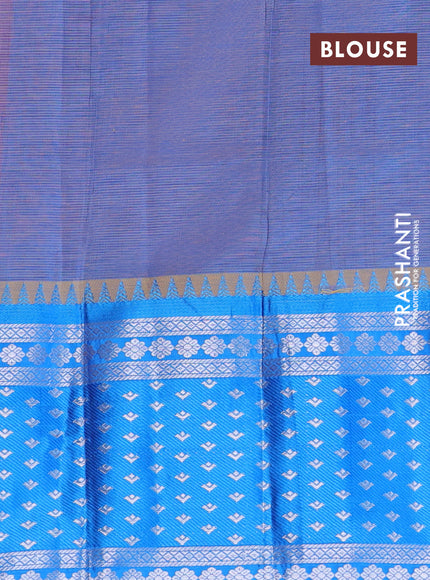 Semi mangalgiri silk saree dual shade of sunset orange and blue with plain body and long temple design silver zari woven border