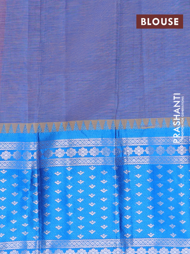 Semi mangalgiri silk saree dual shade of sunset orange and blue with plain body and long temple design silver zari woven border