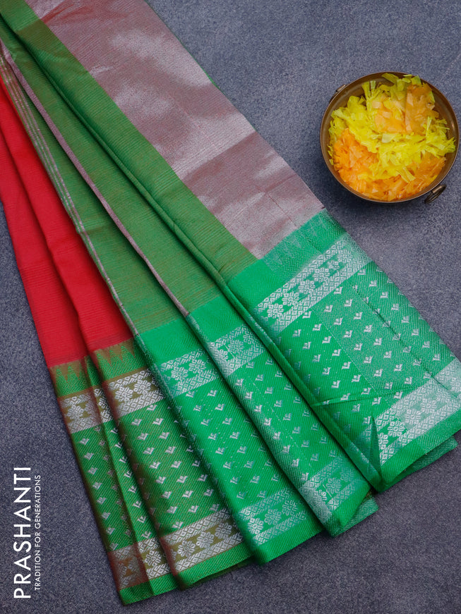 Semi mangalgiri silk saree dark pink and green with plain body and long temple design silver zari woven border