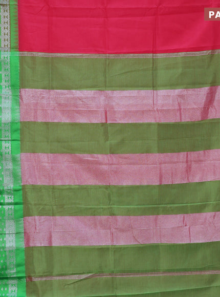 Semi mangalgiri silk saree dark pink and green with plain body and long temple design silver zari woven border