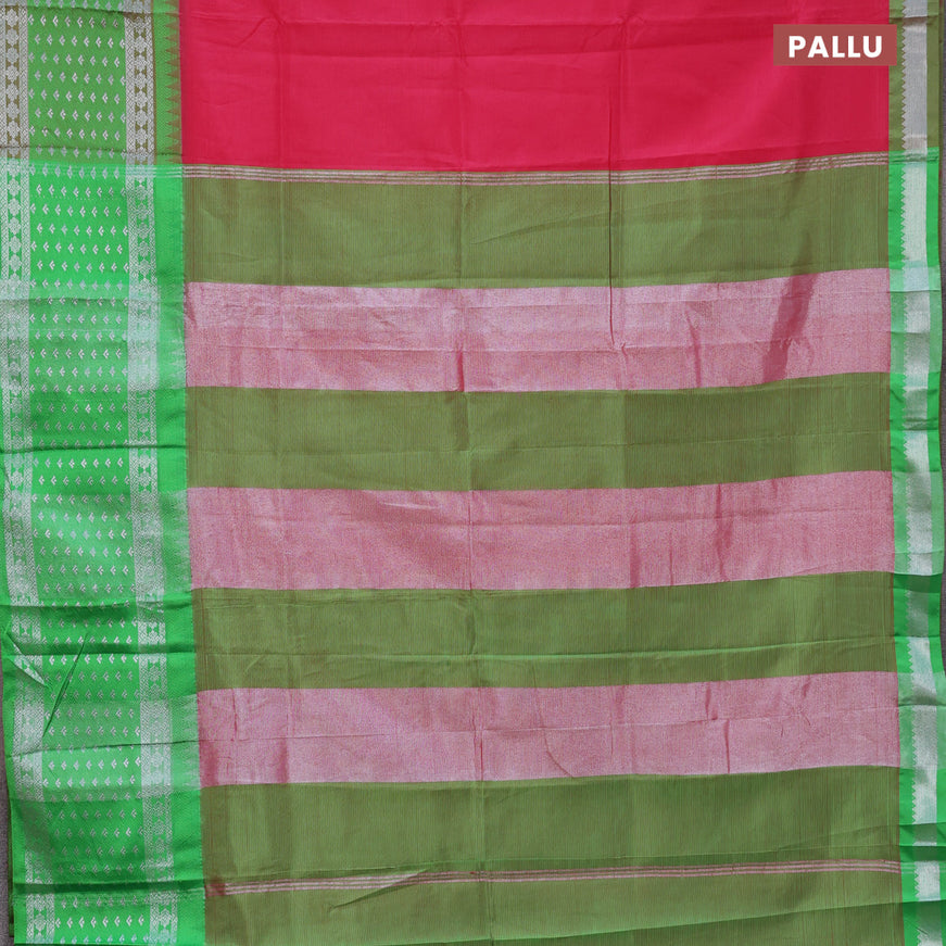 Semi mangalgiri silk saree dark pink and green with plain body and long temple design silver zari woven border