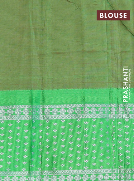 Semi mangalgiri silk saree dark pink and green with plain body and long temple design silver zari woven border