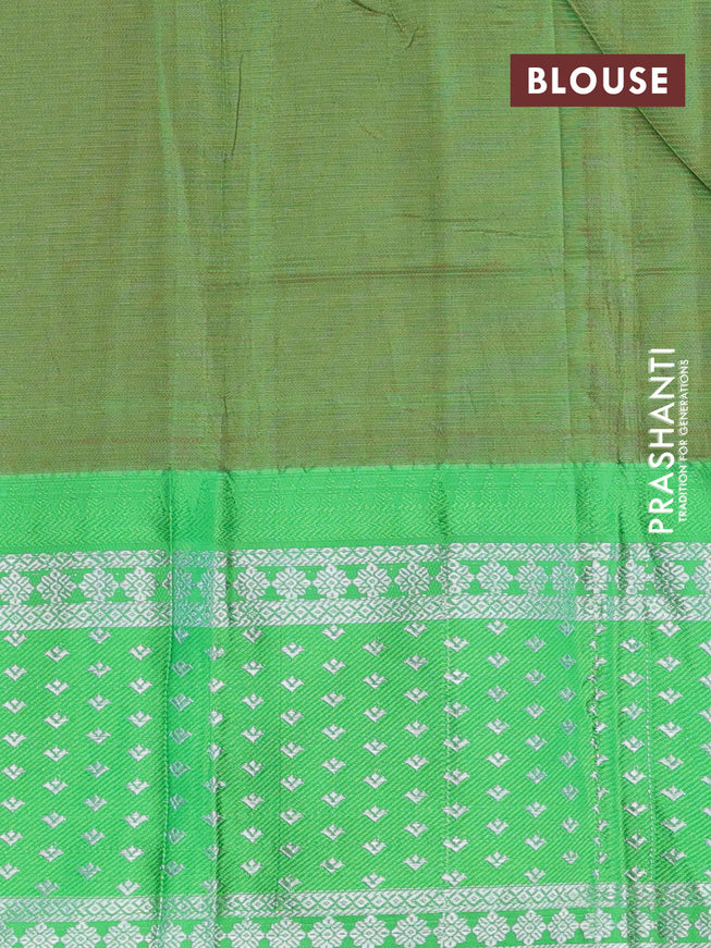 Semi mangalgiri silk saree dark pink and green with plain body and long temple design silver zari woven border