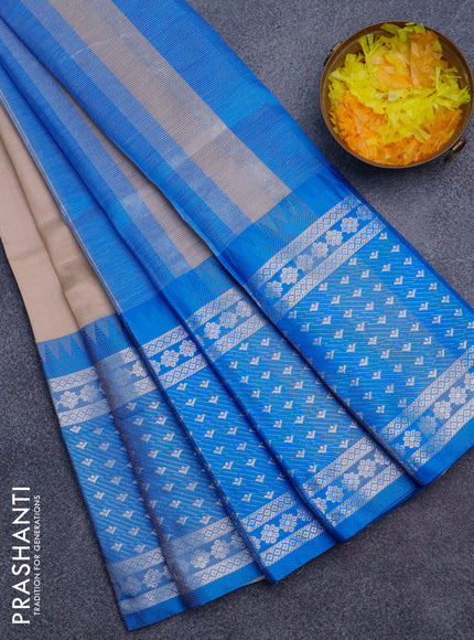 Semi mangalgiri silk saree sandal and blue with plain body and long temple design silver zari woven border