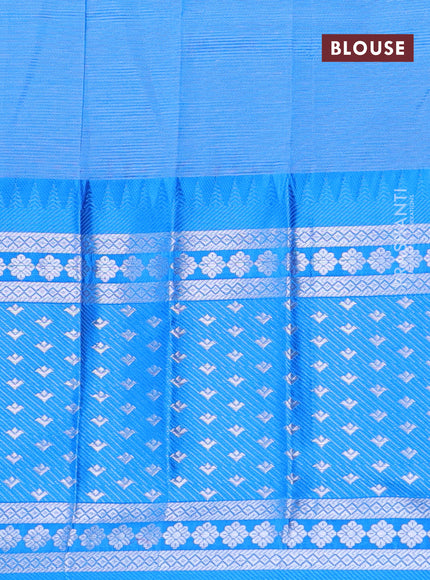 Semi mangalgiri silk saree sandal and blue with plain body and long temple design silver zari woven border