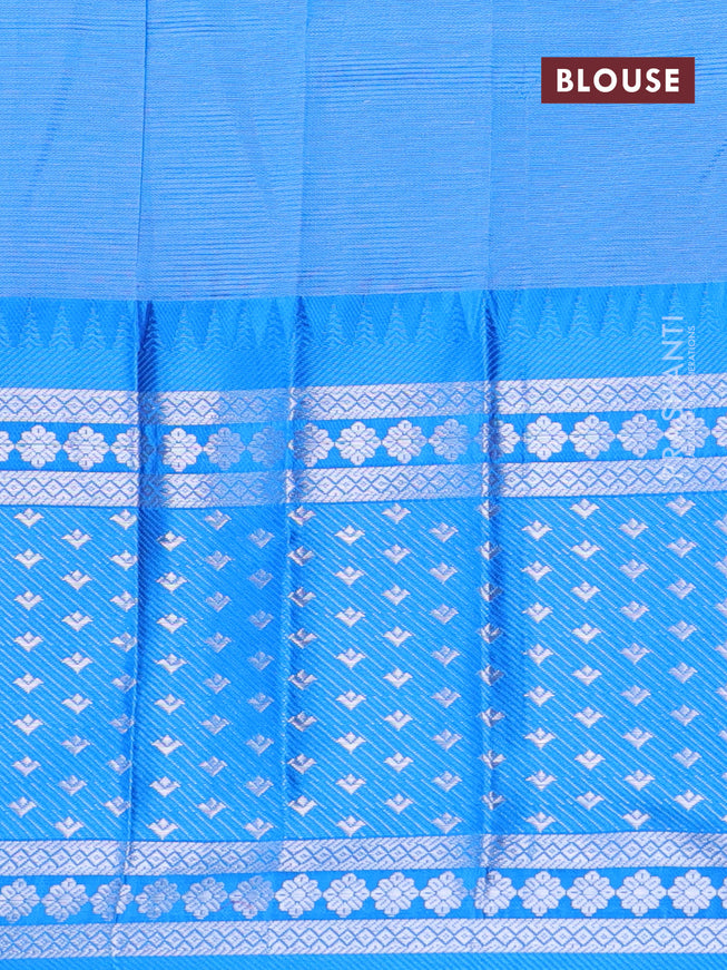 Semi mangalgiri silk saree sandal and blue with plain body and long temple design silver zari woven border