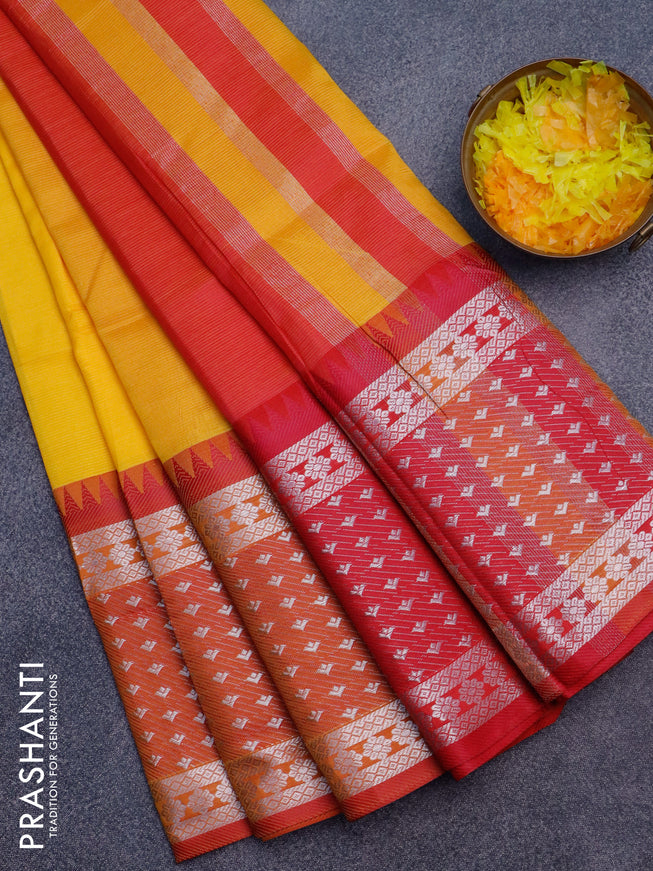 Semi mangalgiri silk saree yellow and pink with plain body and long temple design silver zari woven border