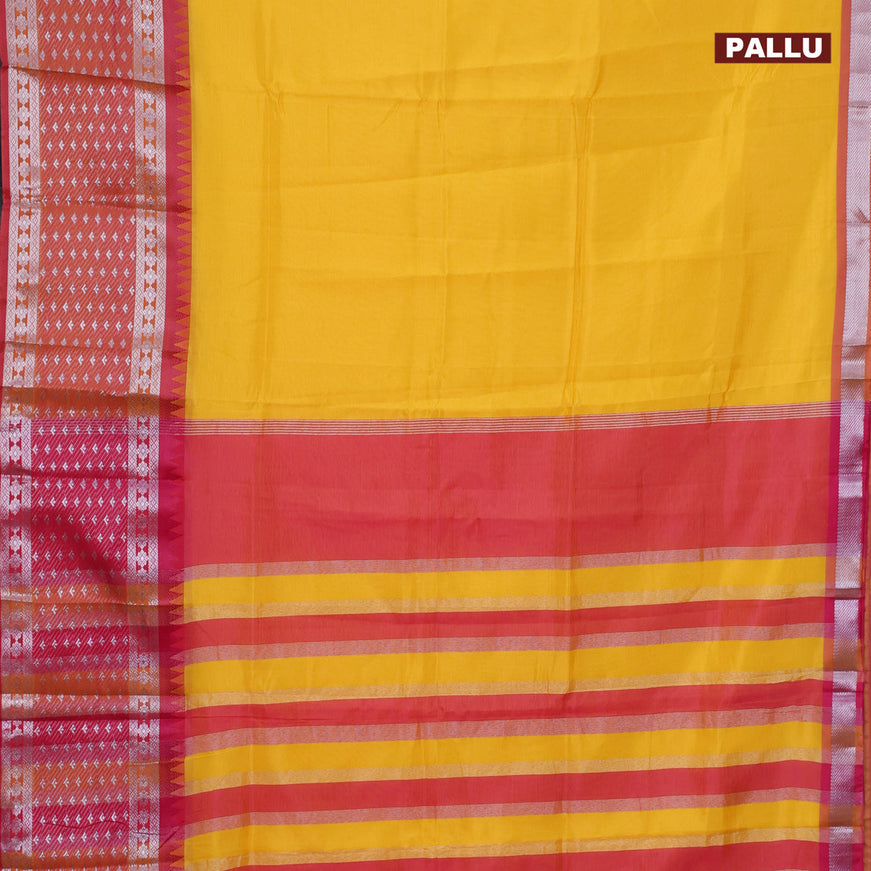 Semi mangalgiri silk saree yellow and pink with plain body and long temple design silver zari woven border