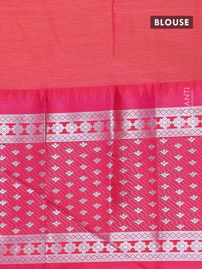 Semi mangalgiri silk saree yellow and pink with plain body and long temple design silver zari woven border