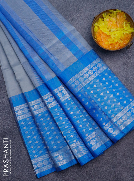 Semi mangalgiri silk saree grey and blue with plain body and long temple design silver zari woven border