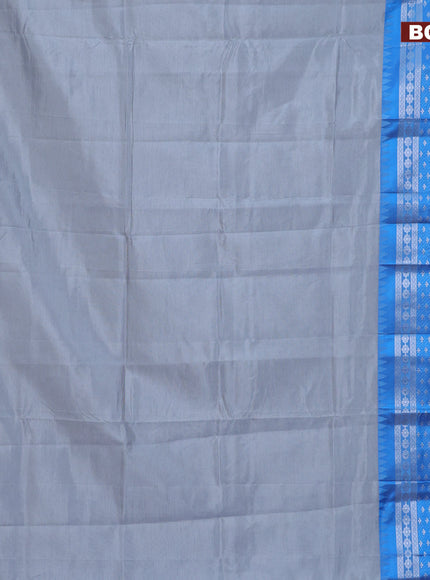 Semi mangalgiri silk saree grey and blue with plain body and long temple design silver zari woven border