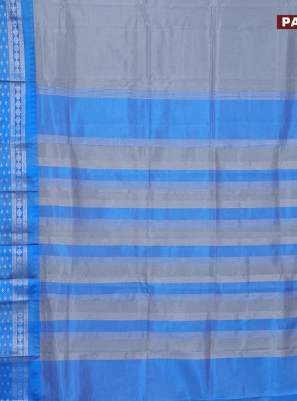 Semi mangalgiri silk saree grey and blue with plain body and long temple design silver zari woven border