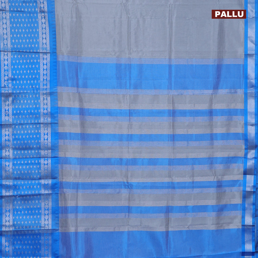 Semi mangalgiri silk saree grey and blue with plain body and long temple design silver zari woven border