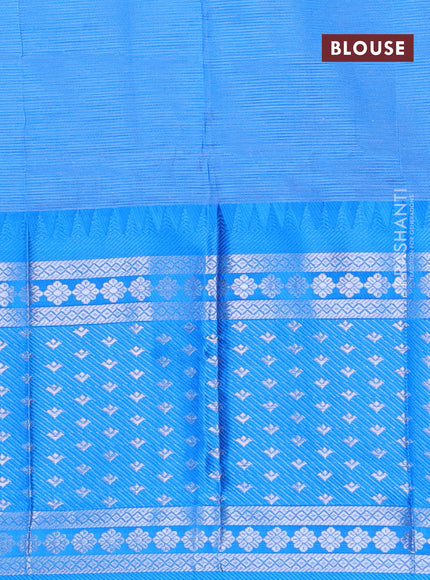 Semi mangalgiri silk saree grey and blue with plain body and long temple design silver zari woven border