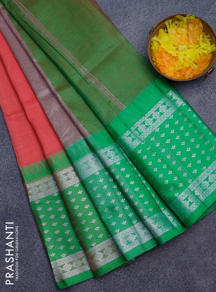 Semi mangalgiri silk saree pink shade and light green with plain body and long temple design silver zari woven border