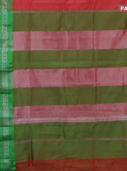 Semi mangalgiri silk saree pink shade and light green with plain body and long temple design silver zari woven border