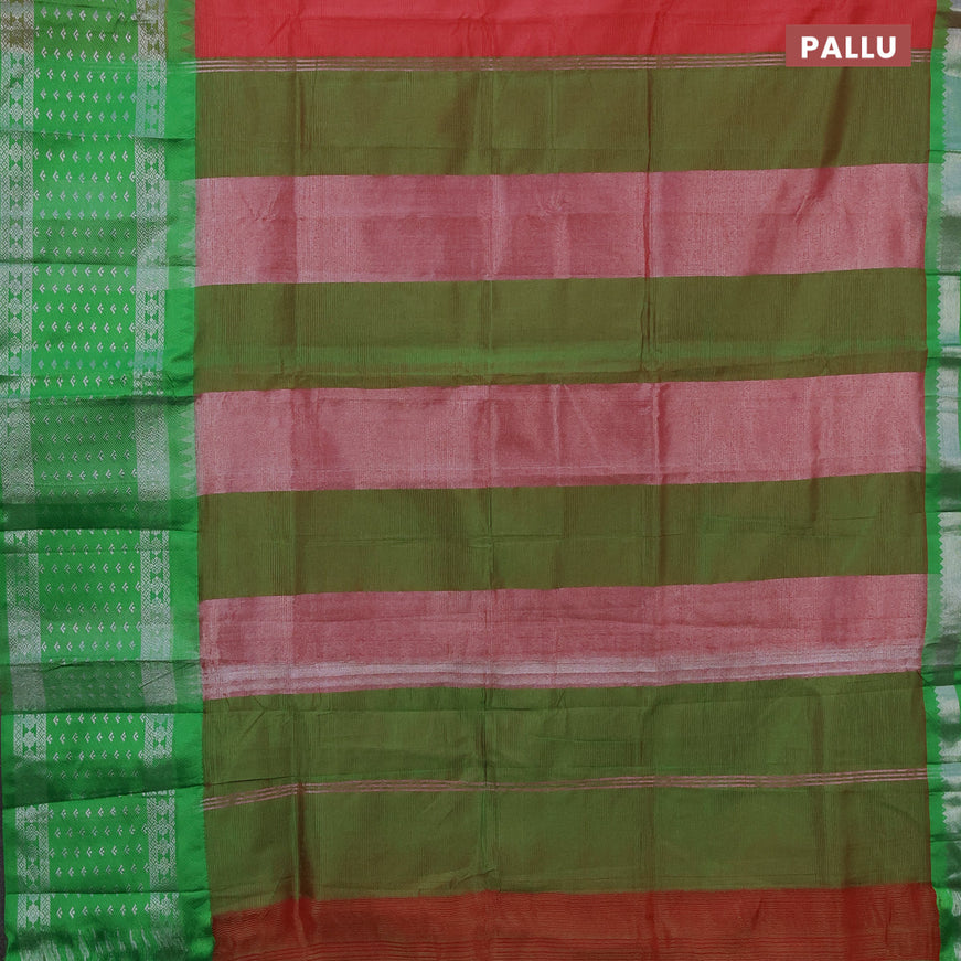 Semi mangalgiri silk saree pink shade and light green with plain body and long temple design silver zari woven border