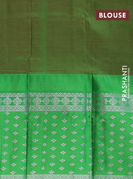 Semi mangalgiri silk saree pink shade and light green with plain body and long temple design silver zari woven border