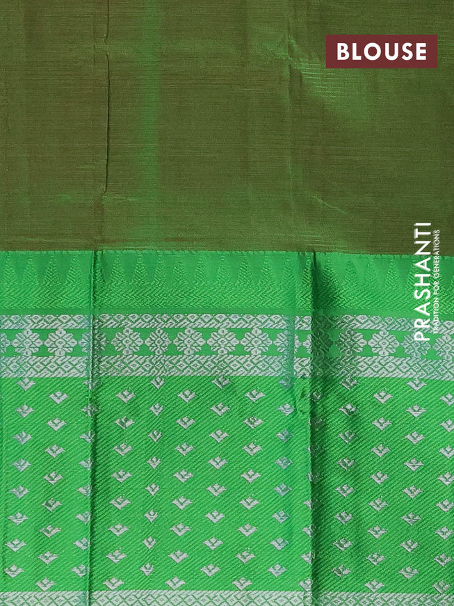 Semi mangalgiri silk saree pink shade and light green with plain body and long temple design silver zari woven border