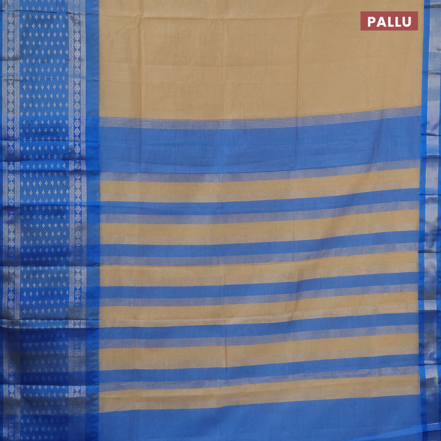 Semi mangalgiri silk saree sandal and blue with plain body and long temple design silver zari woven border