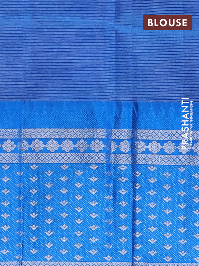 Semi mangalgiri silk saree sandal and blue with plain body and long temple design silver zari woven border