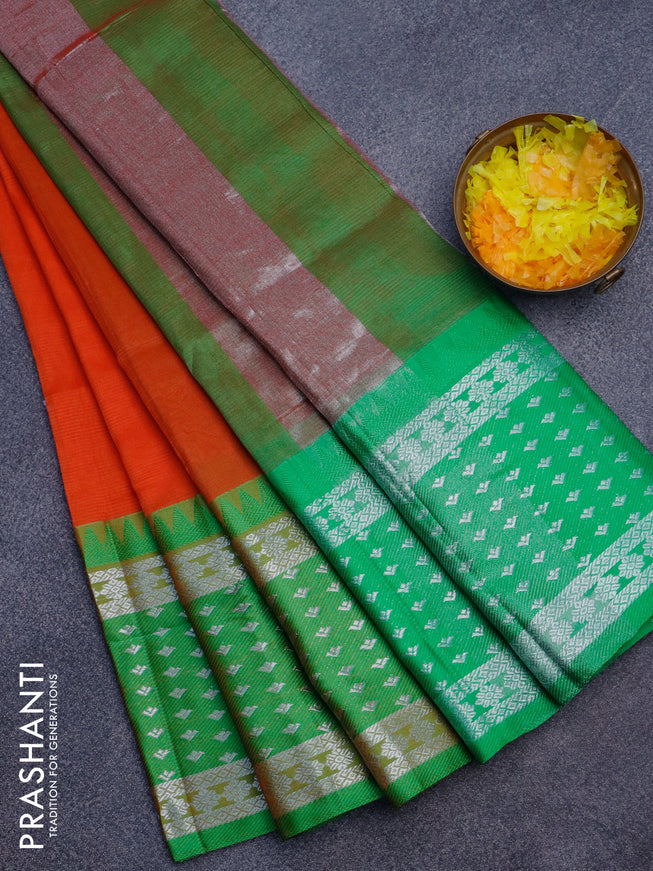 Semi mangalgiri silk saree orange and green with plain body and long temple design silver zari woven border