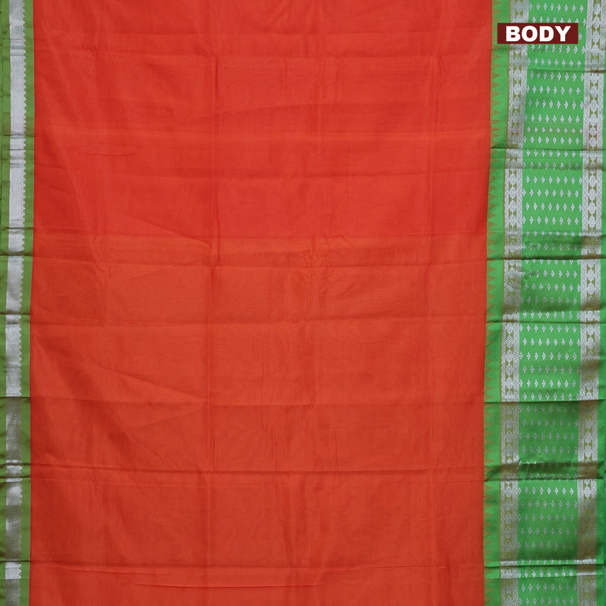 Semi mangalgiri silk saree orange and green with plain body and long temple design silver zari woven border