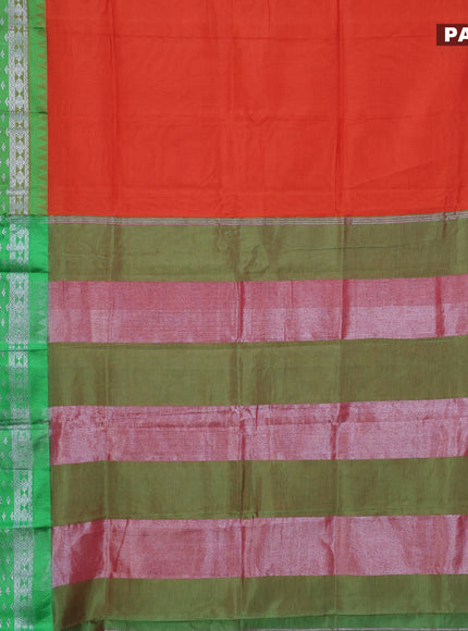 Semi mangalgiri silk saree orange and green with plain body and long temple design silver zari woven border