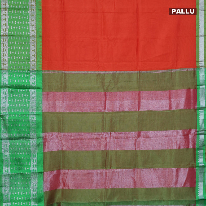 Semi mangalgiri silk saree orange and green with plain body and long temple design silver zari woven border