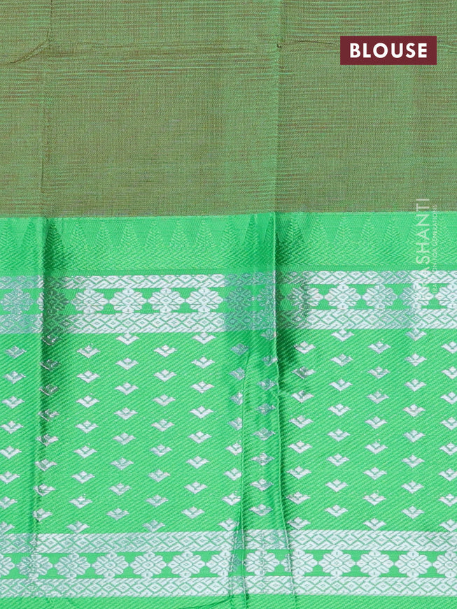 Semi mangalgiri silk saree orange and green with plain body and long temple design silver zari woven border