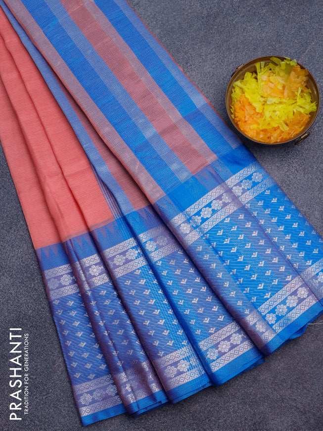 Semi mangalgiri silk saree peach pink and cs blue with plain body and long temple design silver zari woven border